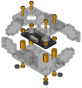 Exploded assembly drawing for Dual Button Bricklet 2.0