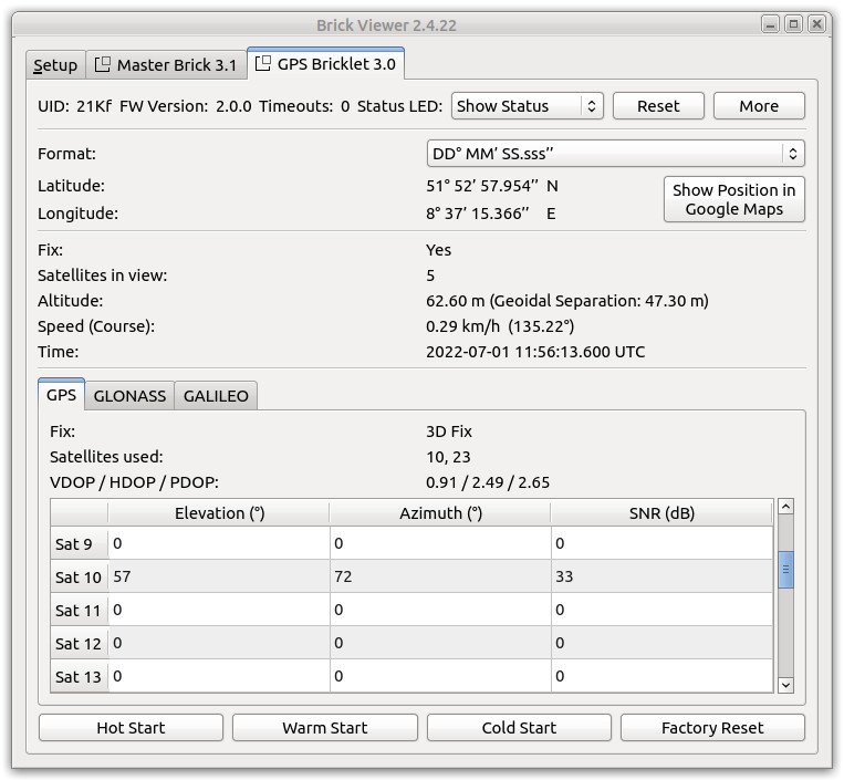 GPS Bricklet 3.0 im Brick Viewer