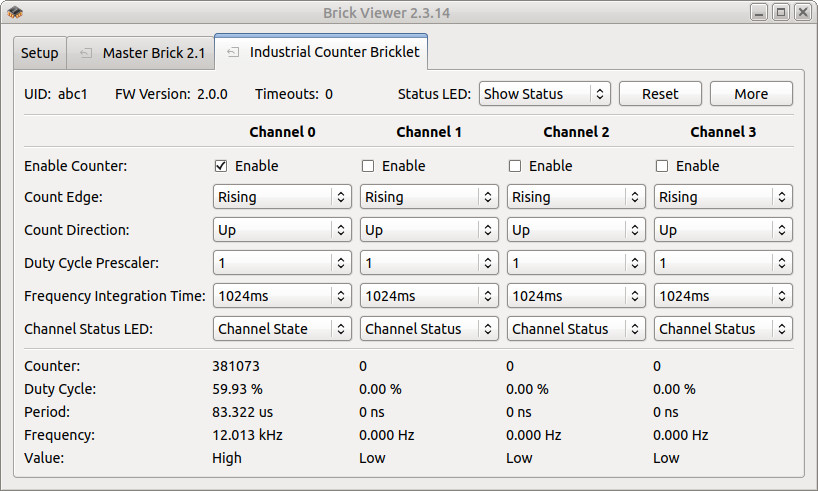 Count, Duty Cycle, Period and Frequency shown on Brick Viewer