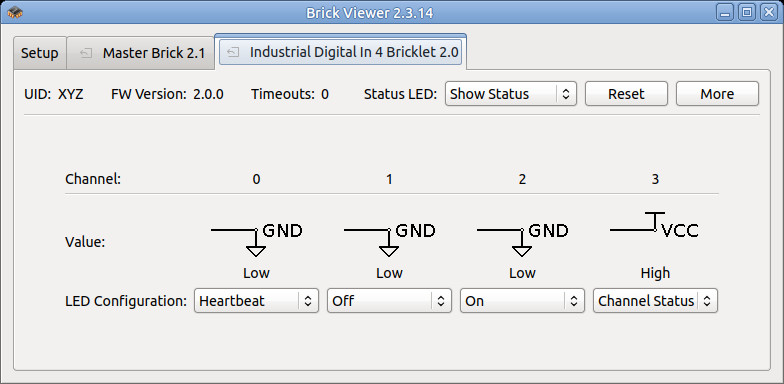 Industrial Digital In 4 Bricklet 2.0 im Brick Viewer