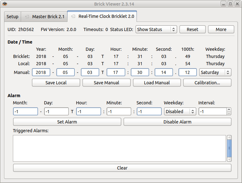 Real-Time Clock Bricklet 2.0 im Brick Viewer