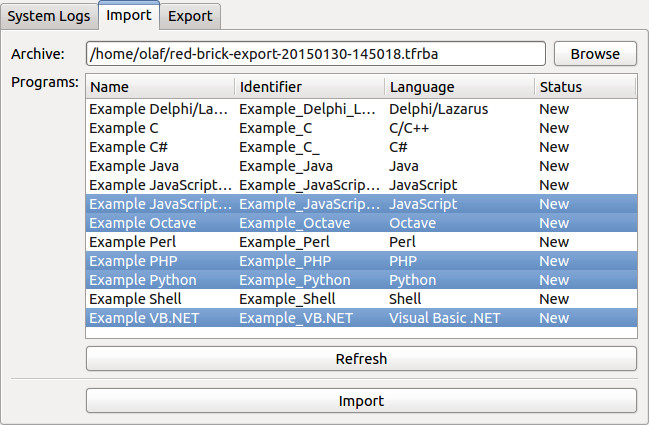 Screenshot des Import/Export Tabs: Import.