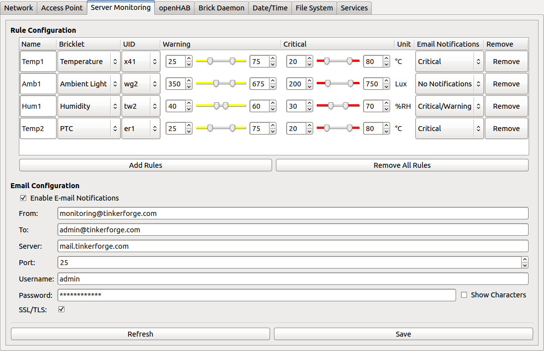 Screenshot des Settings Tabs: Server Monitoring Konfiguration.