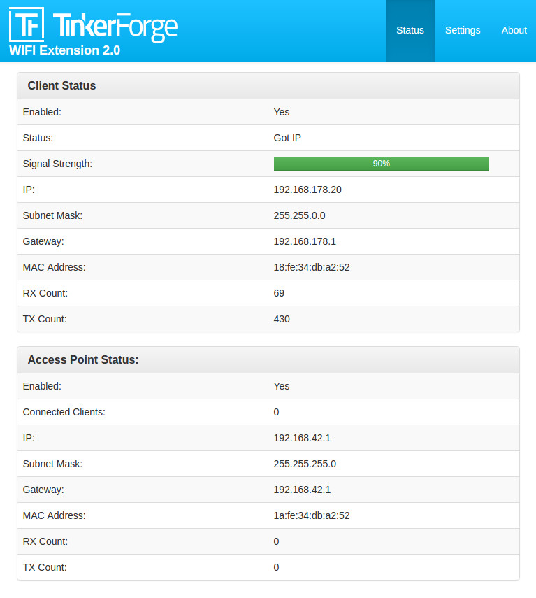 Statusansicht des Web Interface der WIFI Extension 2.0