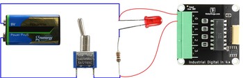 Beispielschaltung mit Batterie, Schalter, LED und Industrial Digital In 4 Bricklet