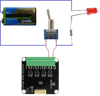 Beispielschaltung mit Batterie, Schalter, LED und Industrial Quad Relay Bricklet