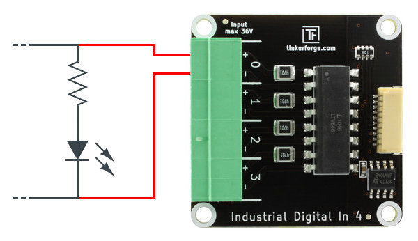 Beispielschaltung: Industrial Digital In 4 Bricklet misst LED Zustand