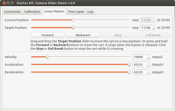 Kameraschlitten Demo Anwendungs Screenshot: Linear Motion Tab