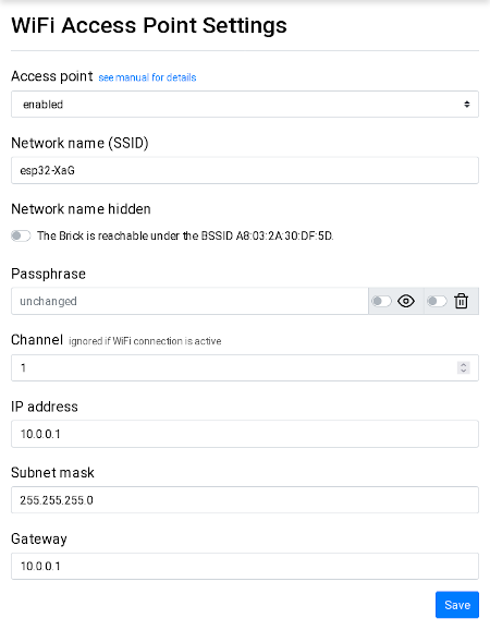 ESP32 Brick WIFI access point configuration