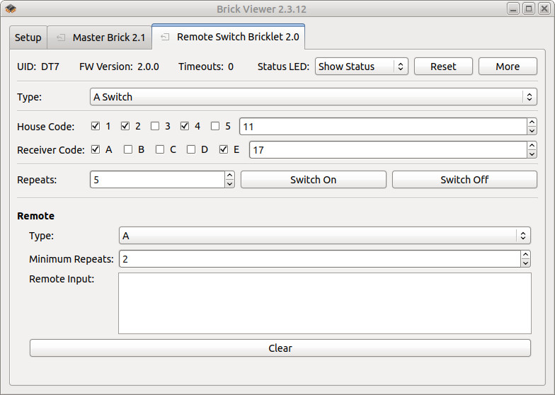 Remote Switch Bricklet 2.0 in Brick Viewer