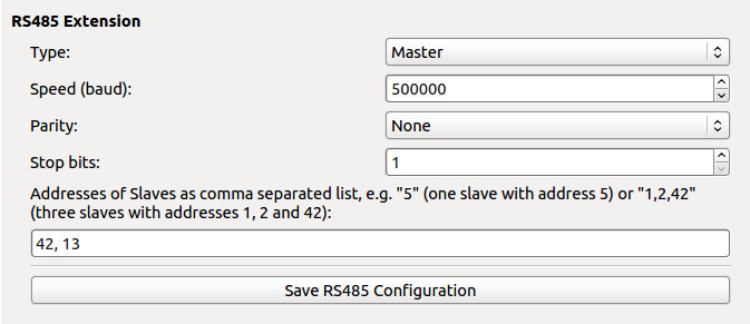 Screenshot of extension tab showing RS485 Extension configuration.
