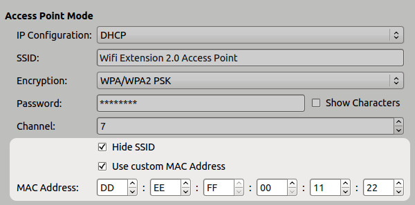 WIFI Extension 2.0 AP channel, hide SSID, and MAC configuration