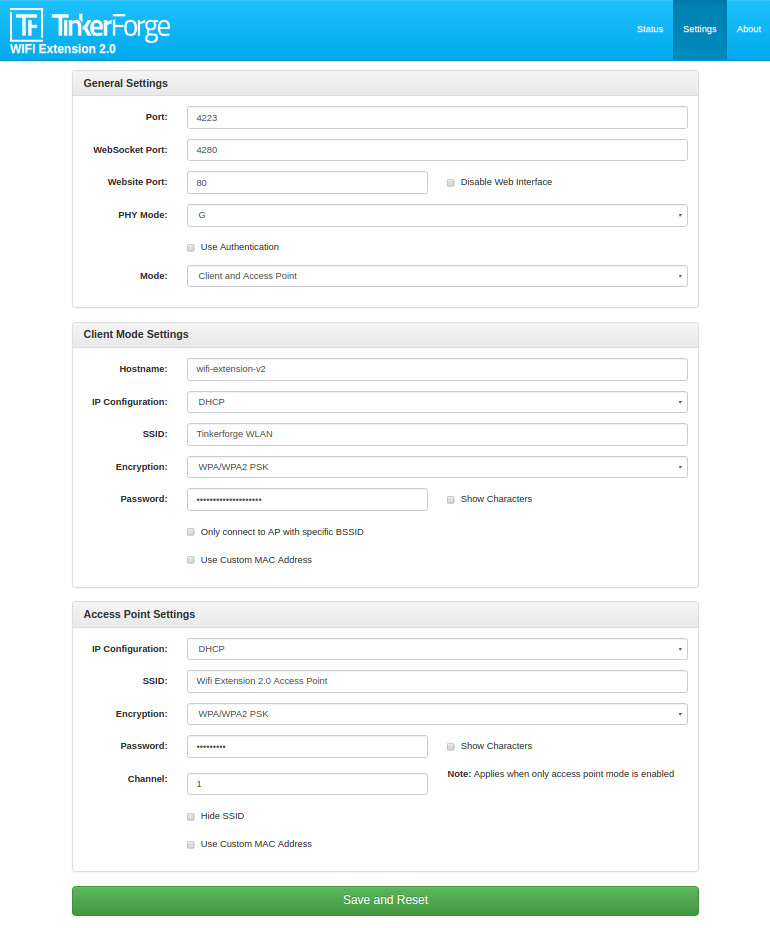 Settings configuration view of the web interface of WIFI Extension 2.0