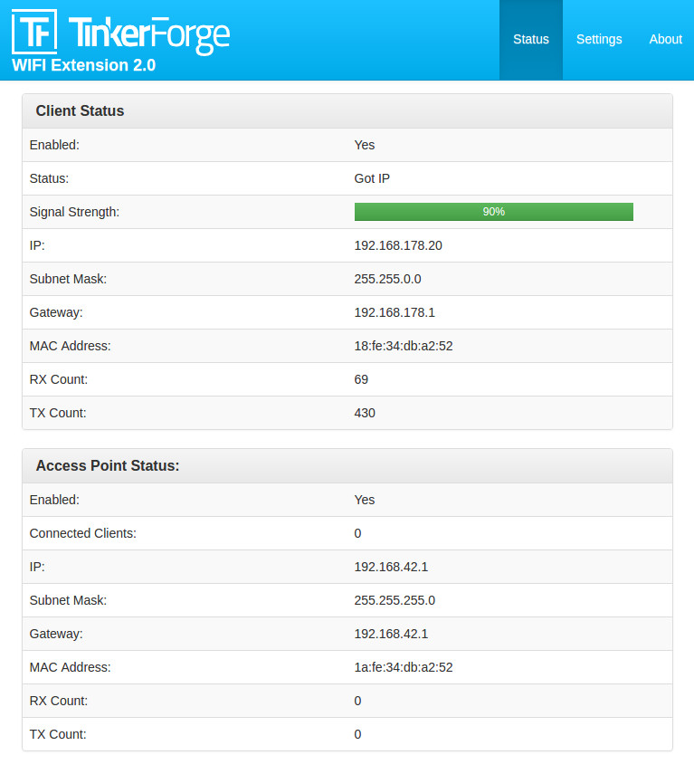 Status view of the web interface of WIFI Extension 2.0