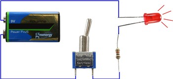 Example Schematic with Battery, Switch and LED, switched on