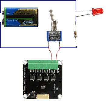 Example Schematic with Battery, Switch, LED and Industrial Quad Relay Bricklet