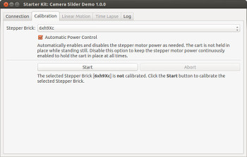 Camera Slider Demo Application Screenshot: Calibration Tab