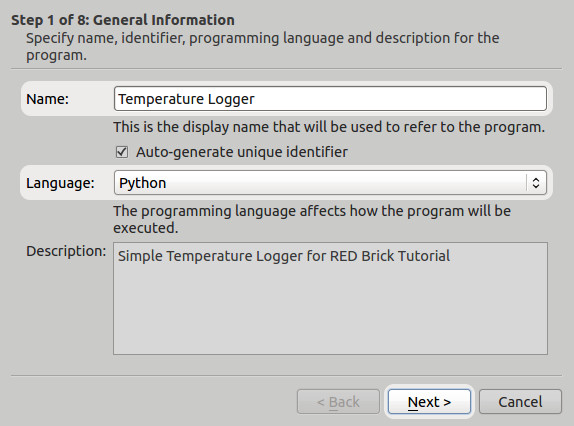 Screenshot of RED Brick program upload step 2.