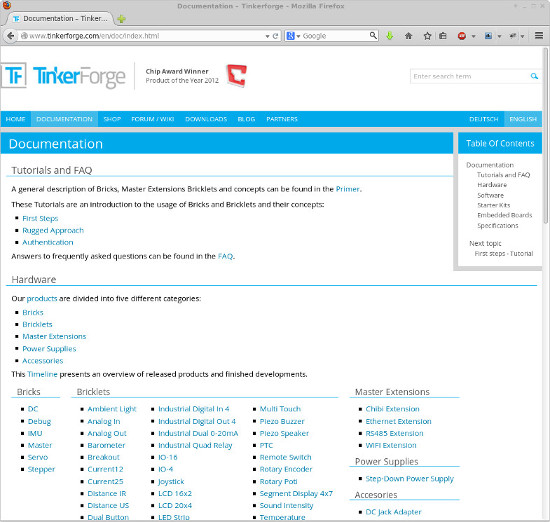 Screenshot of Tinkerforge Documentation