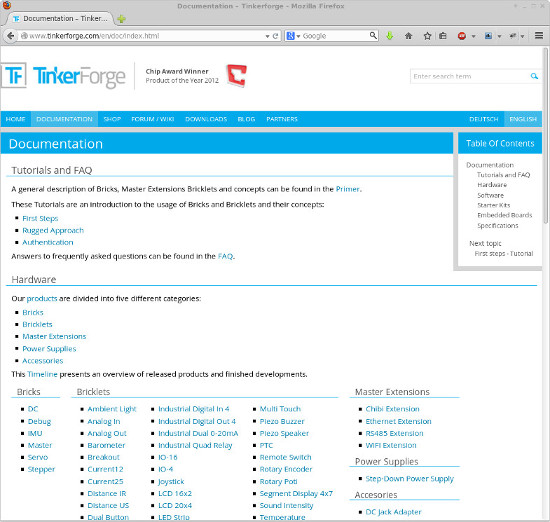 Screenshot von Tinkerforge Dokumentation
